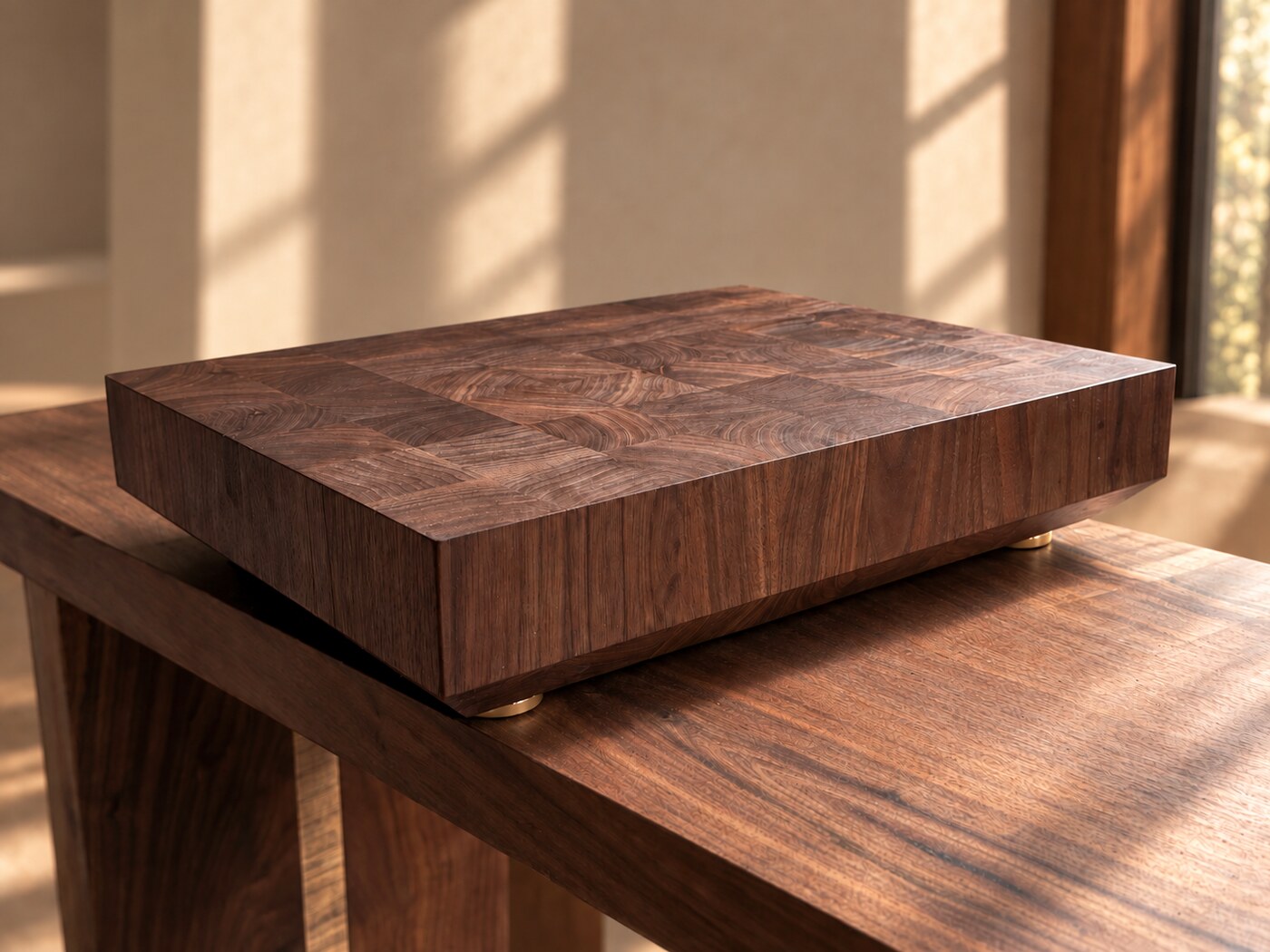 Walnut end-grain butcher block with brass feet